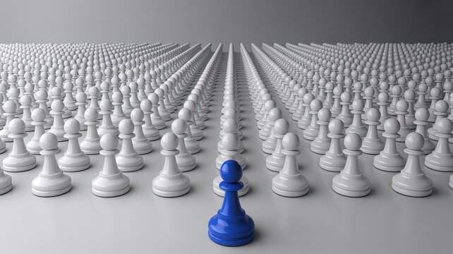 Unique blue pawn standing out from white chess pieces, leadership and individuality concept, distinct blue chess piece in a crowd of white pawns