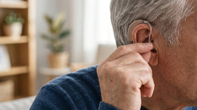 Senior Adult Adjusting Behind the Ear Hearing Aid Close Up