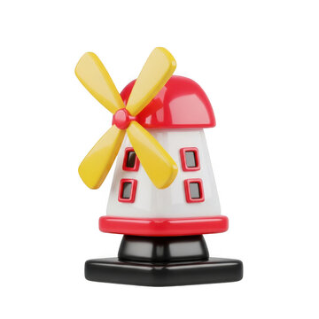 3d rendered toy windmill with red and yellow details