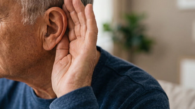 Senior Adult Cupping Ear to Hear Better Close Up