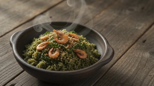 Gourmet Brazilian shrimp rice with saut&eacute;ed collard greens in a rustic clay bowl on a dark wooden table with natural side light and copy space.