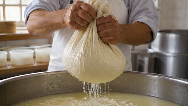 Artisan Cheesemaker Lifting Fresh Goat Milk Curds in Cheesecloth Drainer