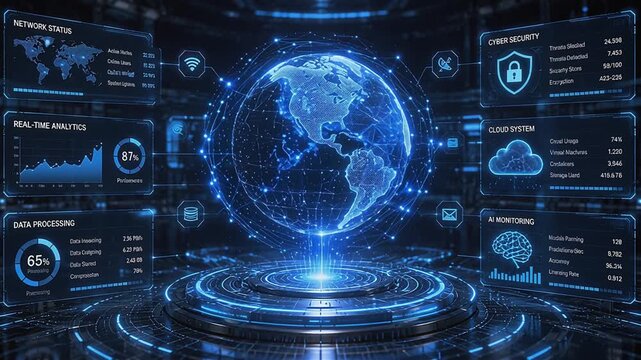 Futuristic Global AI Network Command Center with Holographic Earth Dashboard
