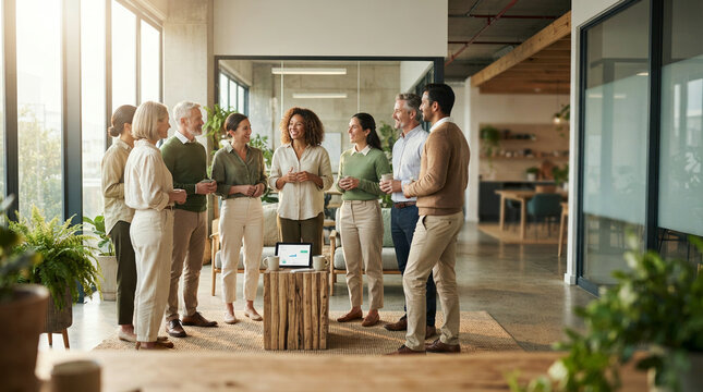 Eight colleagues mingling in a sunlit office lounge