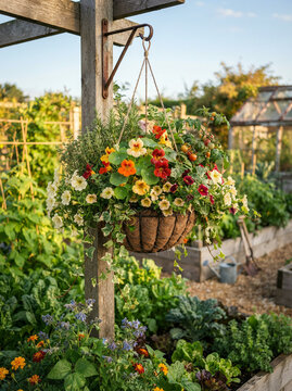 Overflowing hanging basket with nasturtiums petunias and tomatoes at sunset