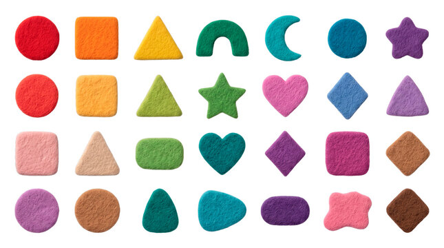 Colorful Fuzzy Felt Geometric Shapes Arranged in an Isolated Grid