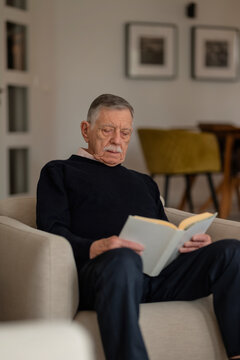 Grey haired senior man sitting in an armchair and reading book in domestic room