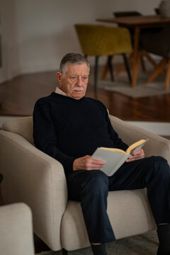 Grey haired senior man sitting in an armchair and reading book in domestic room