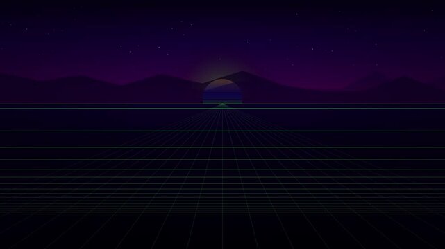 Stylized retro synthwave landscape with glowing grid floor and setting sun between distant mountains under starry night sky