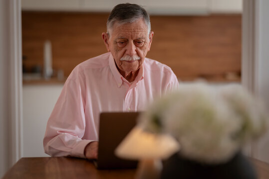 Confident senior man sitting at desk and using laptop in cozy scandinavian style home