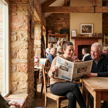 Two people reading a newspaper together by a stone fireplace in a cosy room