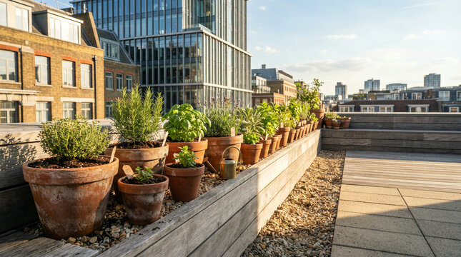 Rooftop herb garden with terracotta pots overlooking city skyline at sunset