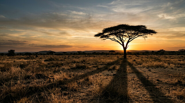 Single acacia tree silhouetted against a vivid sunset casting long shadows