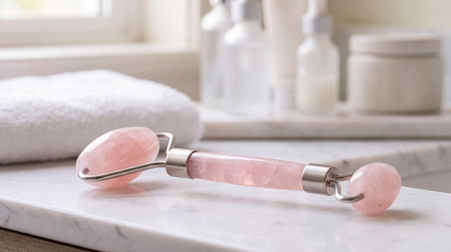 Pink Rose Quartz Face Roller on Marble Bathroom Counter with Skincare Products