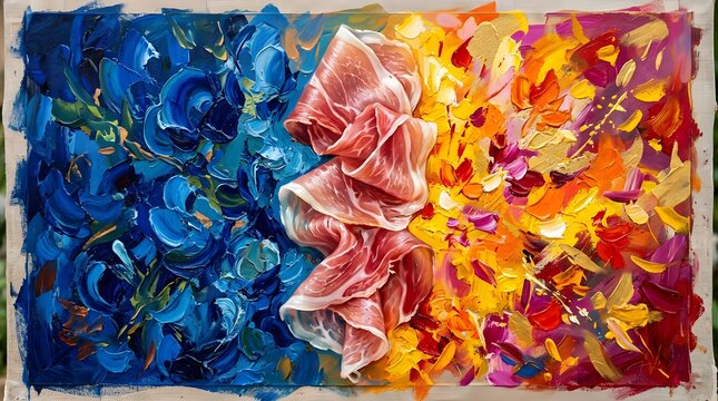 Abstract oil painting with blue floral strokes and a central slice of prosciutto ham