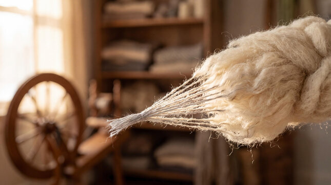 Detailed close up of raw sheep wool fibers being prepared for spinning in a rustic workshop