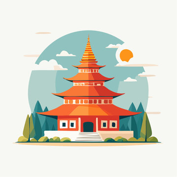 Pagode traditionnelle asiatique entour&eacute;e d&rsquo;arbres en illustration