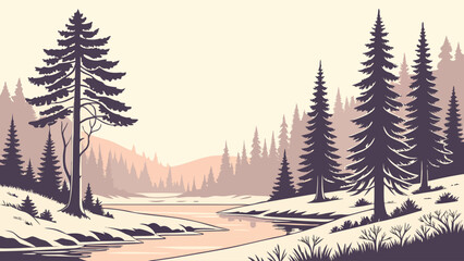 Winter forest landscape with river and pine trees landscape wilderness © Lacky