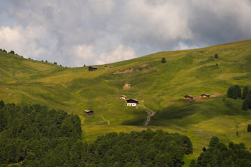 Obraz premium View of beautiful landscape in the Alps with fresh green meadows and mountain tops in the background on a sunny day with blue sky and clouds in summertime. Alpe di Cisles, Seceda Ridgeline, Dolomiti ,