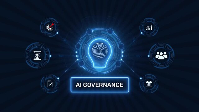 AI governance ethical artificial intelligence policy and regulation graphic loop with glowing biometric fingerprint icon on dark technology background
