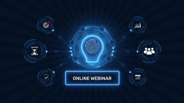 Online webinar virtual conference and digital video training seminar graphic loop with glowing biometric fingerprint icon on dark background asset