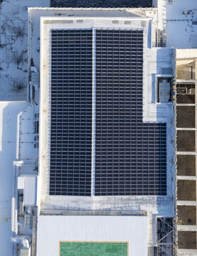 Aerial view of the solar panel array on the roof of the Centro Internacional de Congresos de Yucatan in Merida, Yucatan, Mexico.