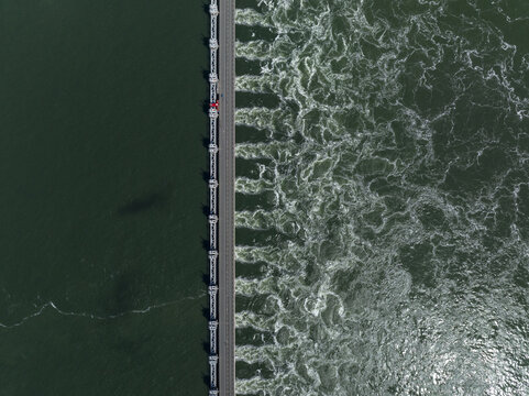 Aerial view of the Eastern Scheldt Storm Surge Barrier in Vrouwenpolder, Zeeland, Netherlands.