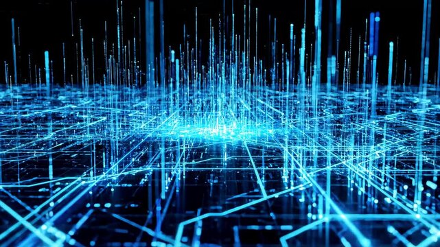 Blue digital data grid showing glowing connection lines. Futuristic cyber space landscape with vertical light beams. Advanced information technology network concept.