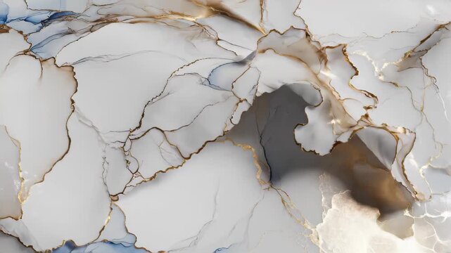 White marble texture with golden veins shifting in fluid motion. Abstract liquid luxury background with elegant flowing shapes for design and modern decor project.