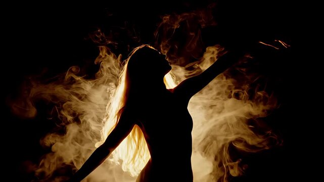 Silhouette of a woman posing amidst swirling gold smoke on a dark background. Artistic dancer moving gracefully in mystical haze for dramatic conceptual style.