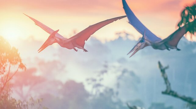 Two pterosaurs gliding over a misty ancient rainforest canopy under a warm orange sky for prehistoric wildlife and nature concepts