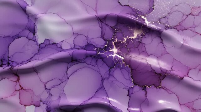 Abstract purple marble texture with gold veins. Rippled liquid surface with ink flow pattern. Elegant flowing luxury background for creative design project.