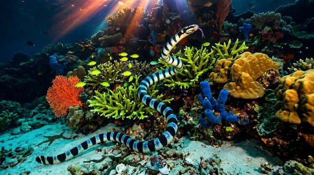 Banded Sea Krait Threading Through a Vibrant Coral Reef at Dusk with Luminous High-Contrast Patterns and Electric Marine Biodiversity