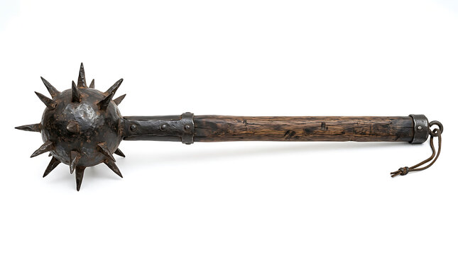 Antique Medieval Spiked Morning Star Mace Weapon Isolated Against White Background