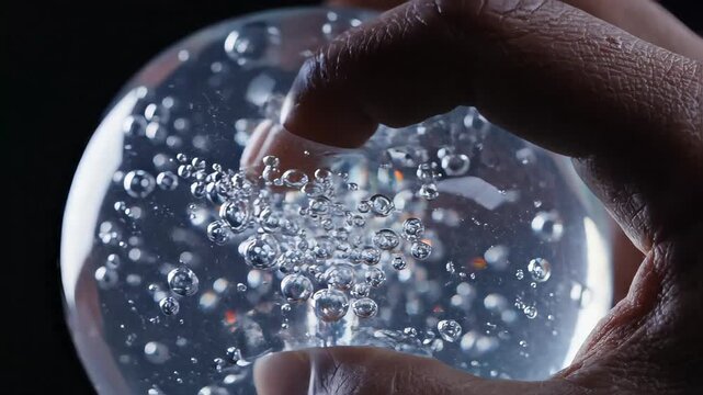 Woman playing with clear jelly ball filled with bubbles. Tactile sensory toy being squeezed by finger. Elastic transparent material with internal air texture.