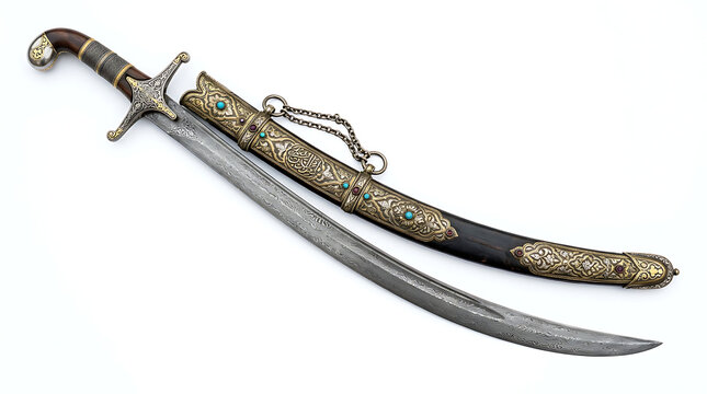 An Antique Damascus Steel Shamshir Sword with an Ornate Scabbard Isolated on White