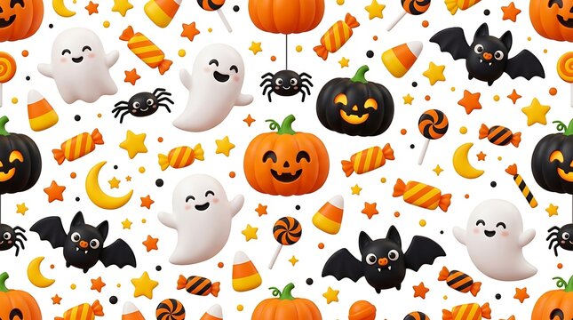 Cute Halloween Seamless Pattern with 3D Rendered Ghosts Orange Pumpkins Bats Candy Corn and Spiders on White Background