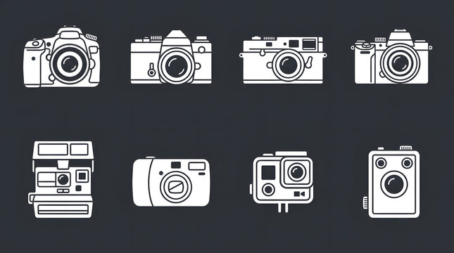 Set of various vintage and modern camera icons isolated on a dark background for photography and media design projects