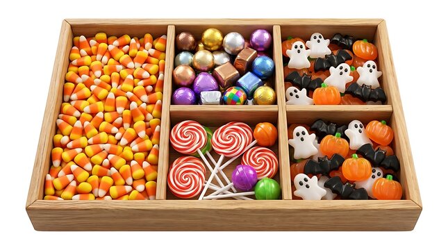 Assorted Halloween Candies and Sweets in Wooden Compartment Tray Isolated on White Background