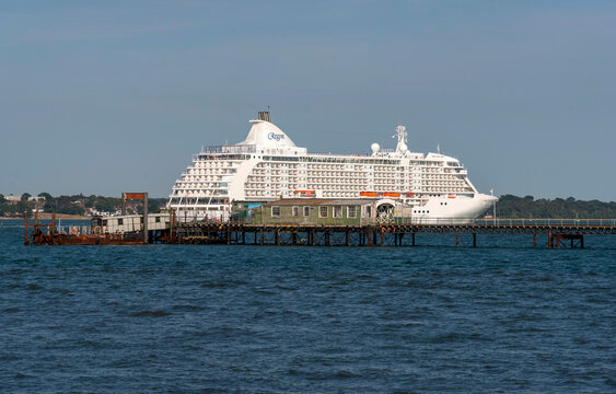 Southampton Water southern Enngland UK. 03.08.2026. Cruise liner passing the historic Hythe Pier at Hythe on Southampton Water England UK.