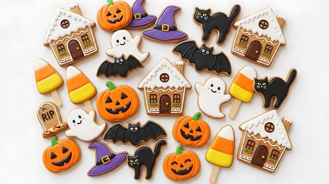 Assortment of Halloween Decorated Sugar Cookies with Pumpkins Ghosts Bats and Witch Hats Isolated on White Background