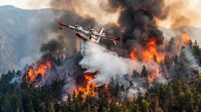 Avi&oacute;n cisterna contra incendios descargando una enorme cascada de agua sobre un devastador incendio forestal, con llamas intensas, humo denso y calidad hiperrealista cinematogr&aacute;fica.