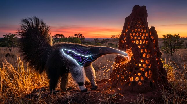 Giant Anteater Foraging at an Architectural Termite Mound Under a Neon Sunrise with Luminous Fur and Glowing Insect Detail