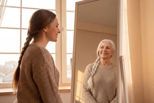 Young woman looking in mirror seeing her future older self concept