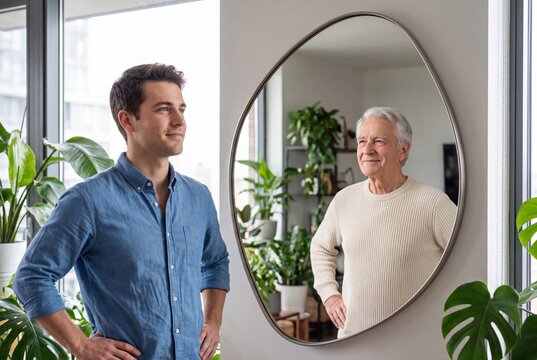 Young man looking in mirror reflection seeing himself as older senior