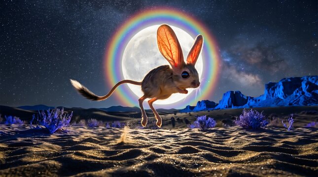 Long-Eared Jerboa Mid-Air Jump Over Moonlit Gobi Desert, Surreal Wildlife Scene with Glowing Translucent Ears, Full Moon Night Landscape and Starry Sky