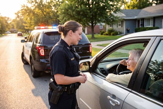 Female police officer talking to senior driver during traffic stop