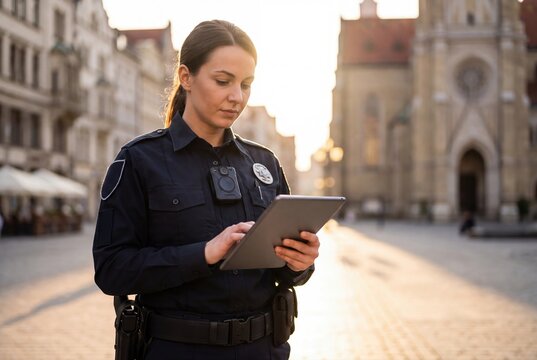 Female police officer using digital tablet outdoors in city street