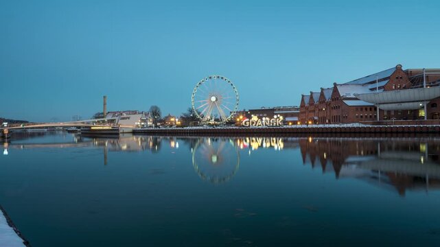 View of the ferris wheel and historic buildings in Gdansk, Poland.