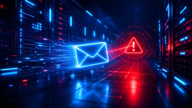 Incoming digital message with a glowing warning symbol indicating a critical cyber security threat within a high-tech data center network.
